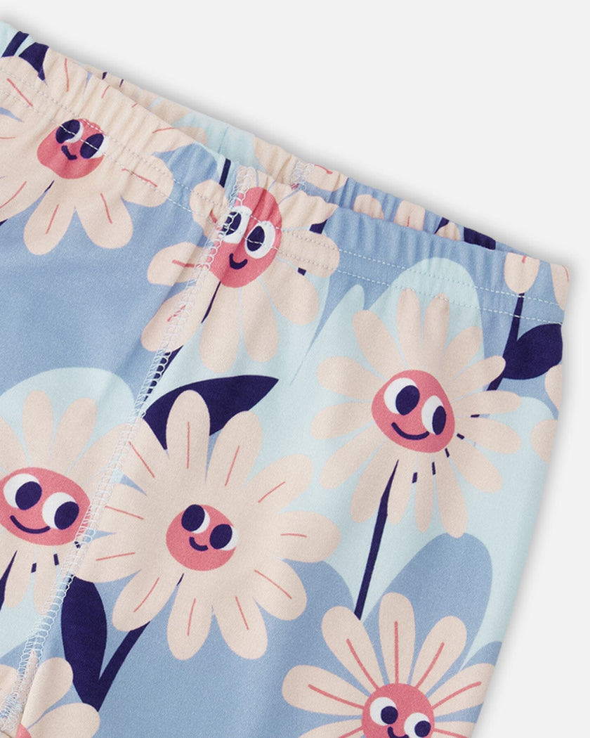 Organic Cotton Two-Piece Pyjama Set Blue Smiling Flower Print