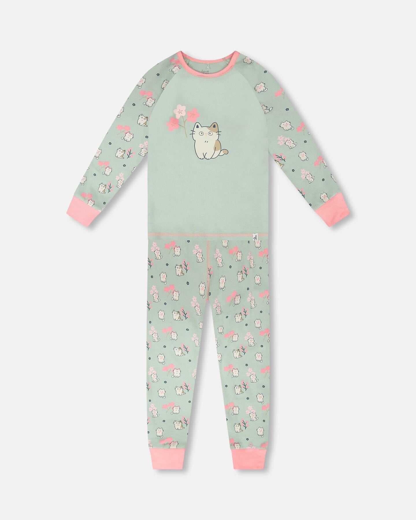 Organic Cotton Two-Piece Pyjama Set Green Kitten Print