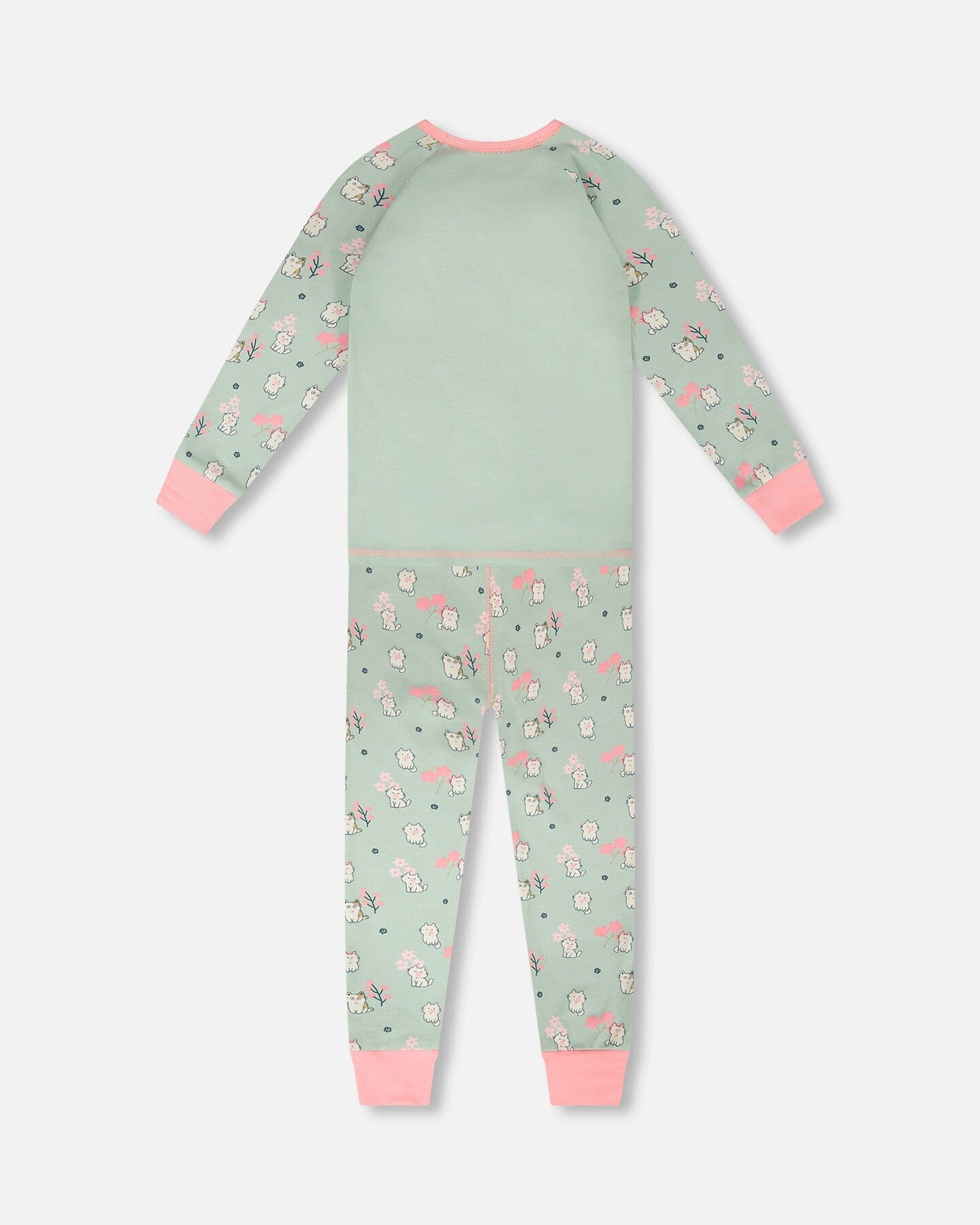 Organic Cotton Two-Piece Pyjama Set Green Kitten Print