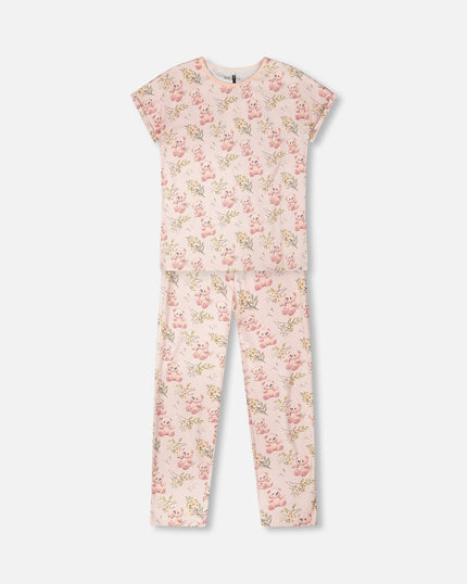 Organic Cotton Women Two-Piece Pyjama Set Pale Pink Bear Print