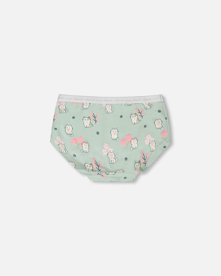 Organic Cotton Boyshort Panty Green Kitten Print