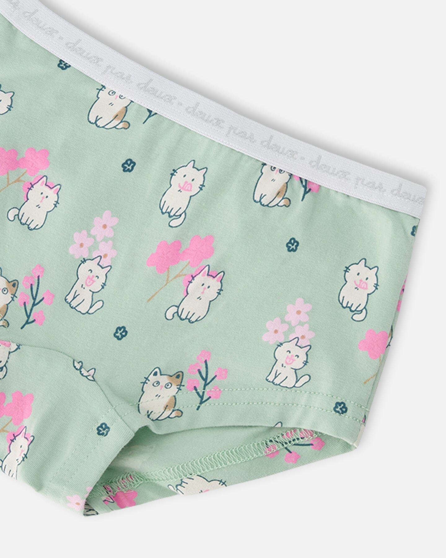 Organic Cotton Boyshort Panty Green Kitten Print