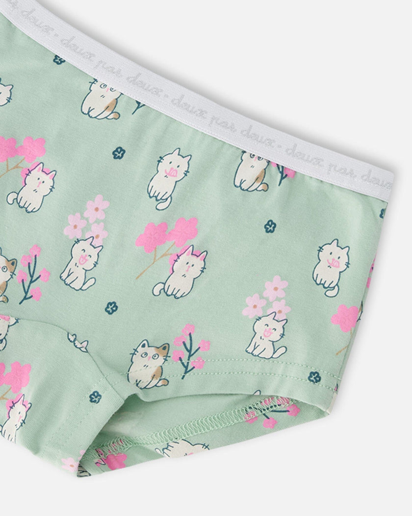 Organic Cotton Boyshort Panty Green Kitten Print