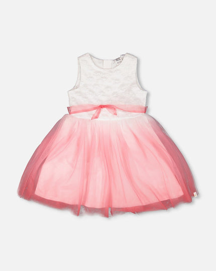 Bi-Material Pleated Mesh Dress White And Pink