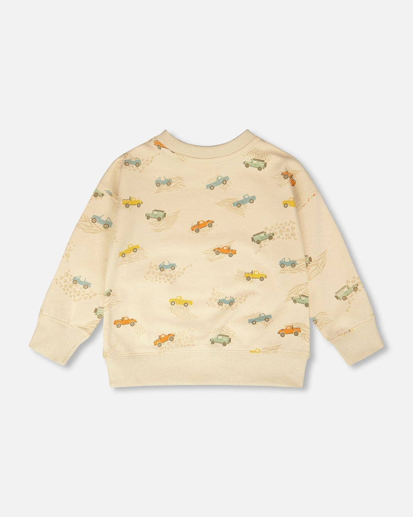 French Terry Sweatshirt Beige Jeep Print
