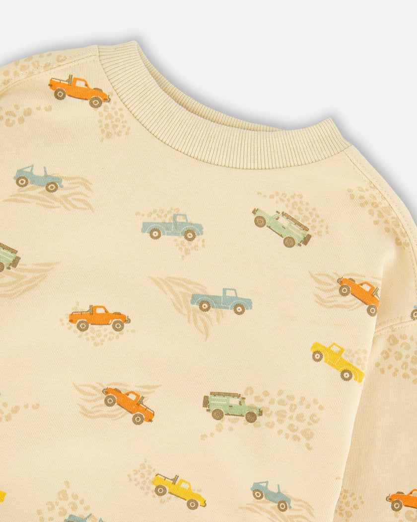 French Terry Sweatshirt Beige Jeep Print