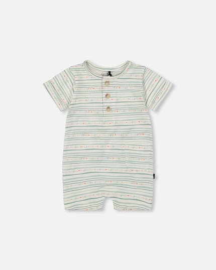 Organic Cotton Romper White Printed Mint Green Lines