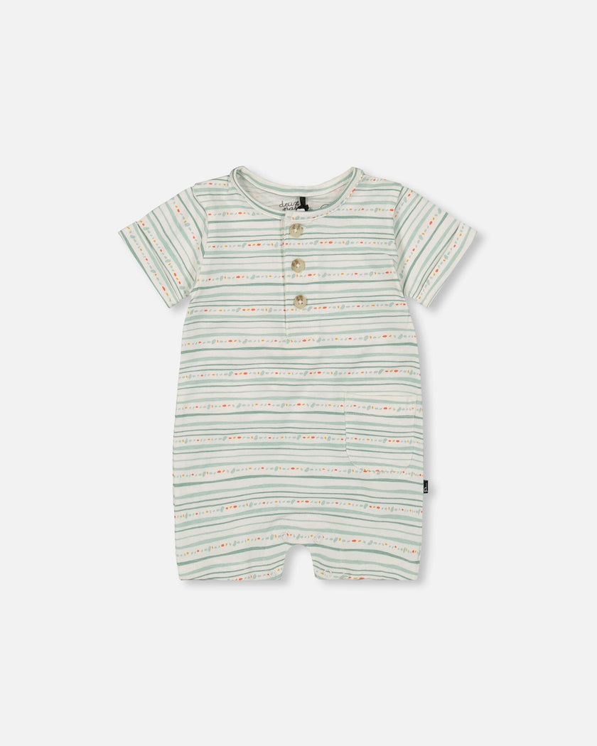 Organic Cotton Romper White Printed Mint Green Lines
