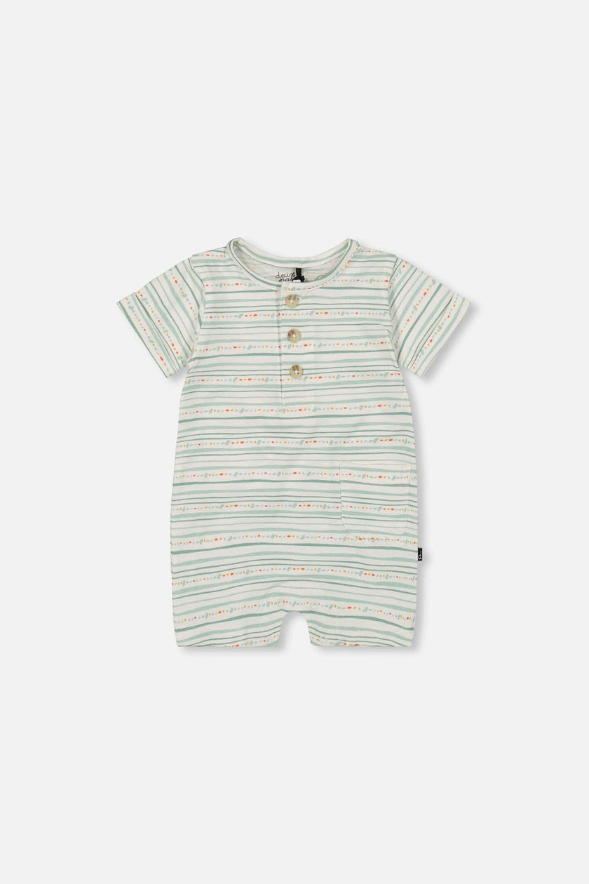 Organic Cotton Romper White Printed Mint Green Lines