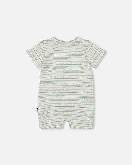 Organic Cotton Romper White Printed Mint Green Lines