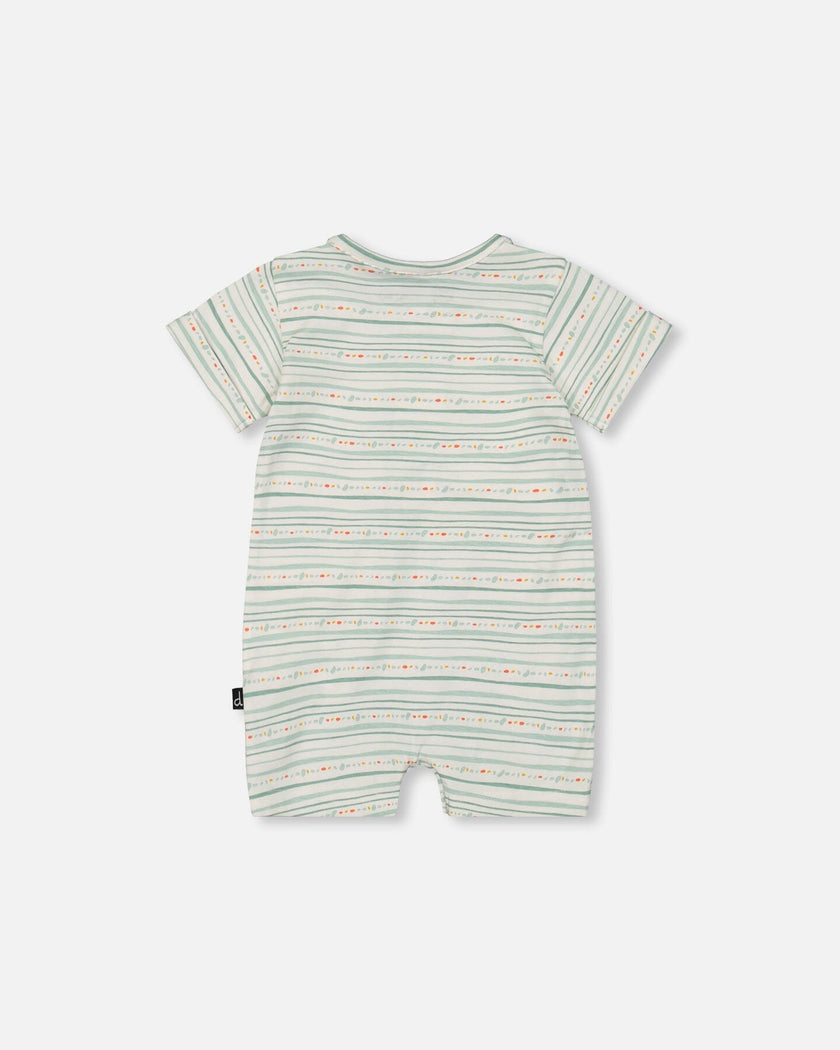 Organic Cotton Romper White Printed Mint Green Lines