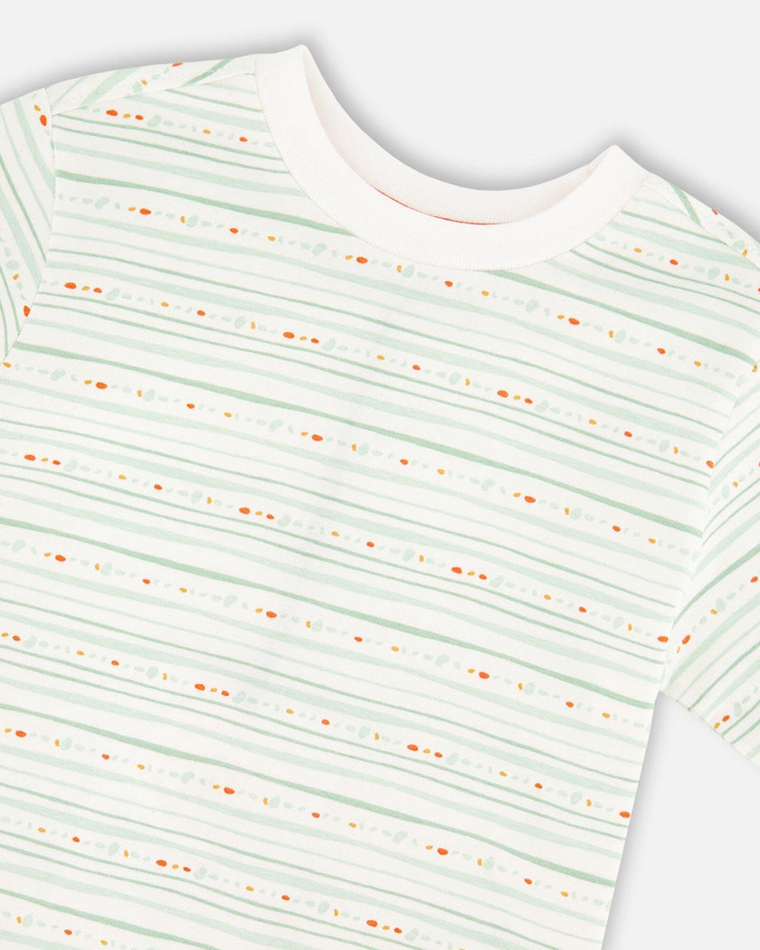 Organic Cotton T-Shirt White Printed Mint Green Lines