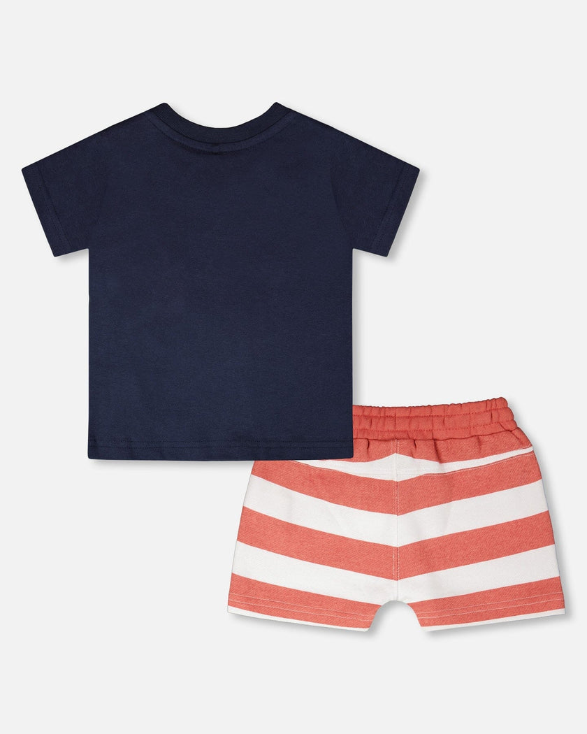 Organic Cotton T-Shirt And Short Set Blue And Brick Stripes