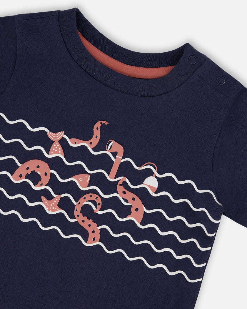 Organic Cotton T-Shirt And Short Set Blue And Brick Stripes