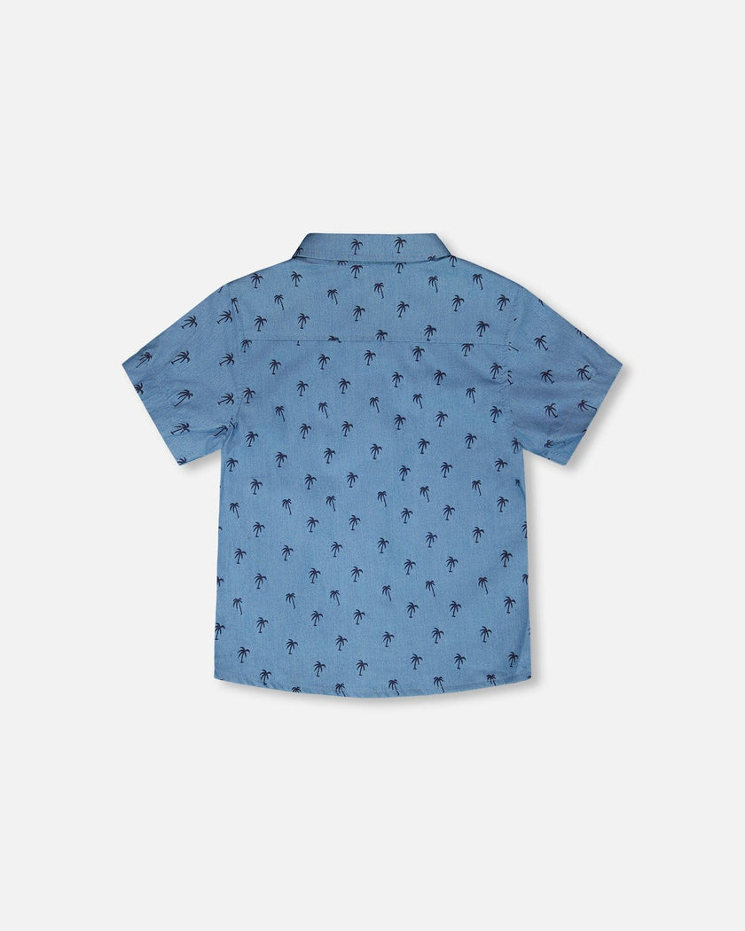Short Sleeve Chambray Shirt Blue Palm Print