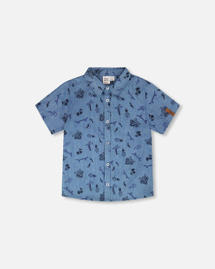 Chambray Short-Sleeve Shirt Blue Printed Skateboards