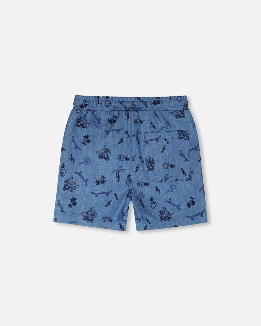 Chambray Shorts Blue Printed Skateboards