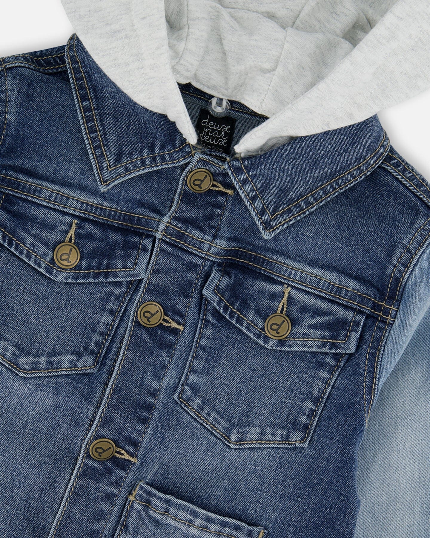 Navy Blue Denim Jacket With Removable French Terry Hood