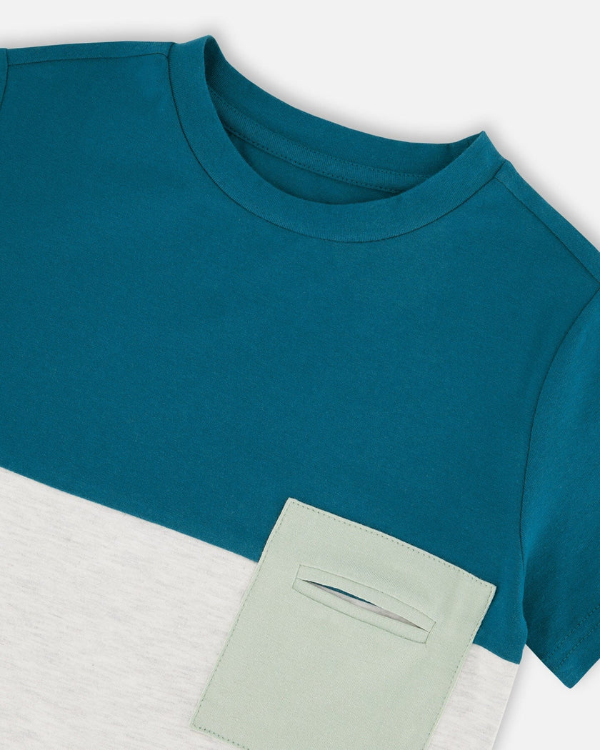 Organic Cotton Colorblock Jersey T-Shirt With Chest Pocket Heather Grey