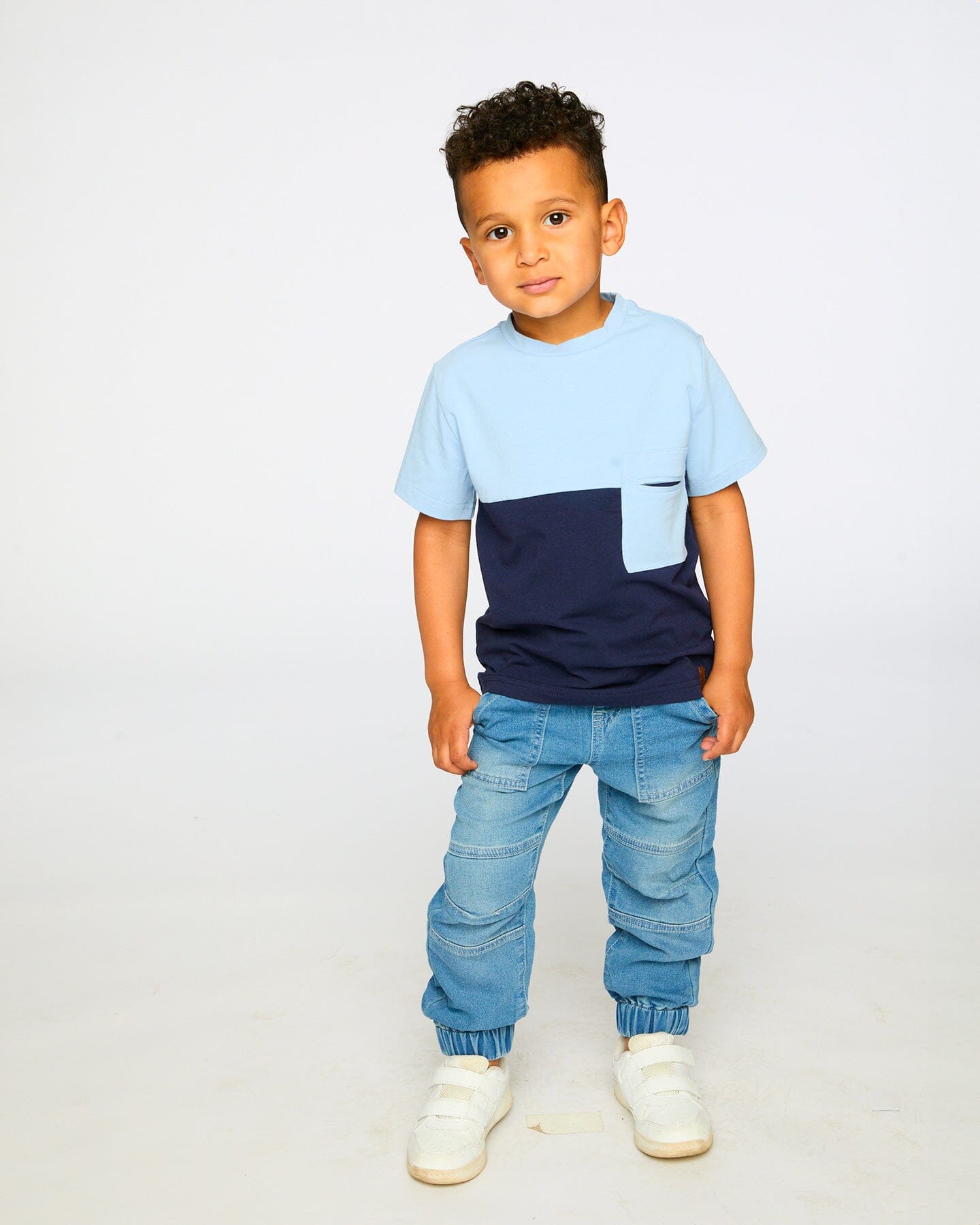 Organic Cotton Colorblock Jersey T-Shirt With Chest Pocket Dark Blue