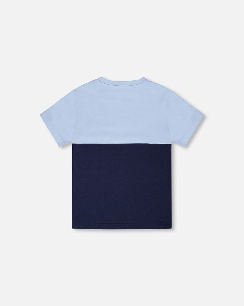 Organic Cotton Colorblock Jersey T-Shirt With Chest Pocket Dark Blue