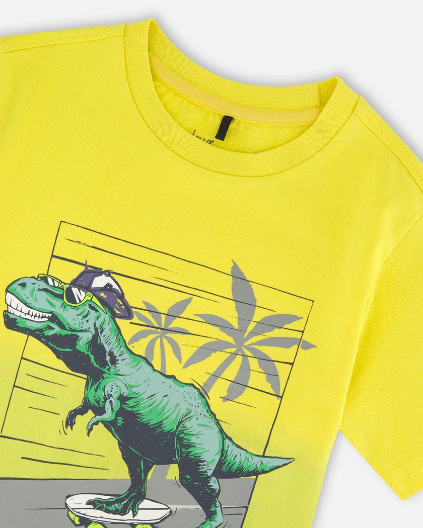 Organic Cotton Jersey T-Shirt With Print Yellow