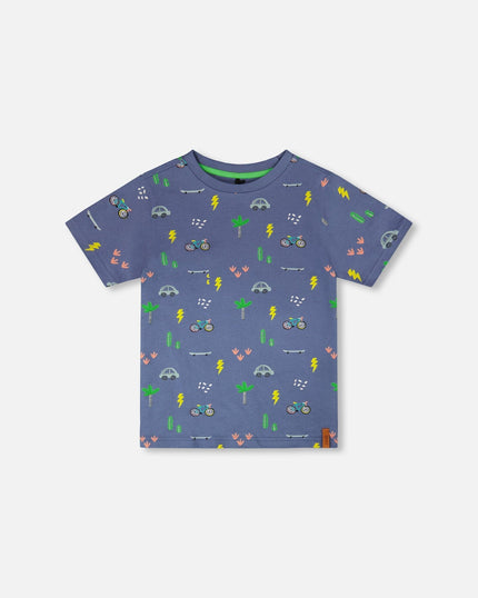 Organic Cotton Jersey T-Shirt Blue Bicycle Print