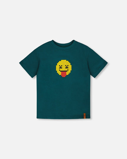 Organic Cotton Jersey T-Shirt With Print Dark Turquoise