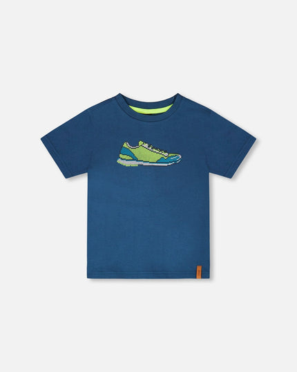 Organic Cotton Jersey T-Shirt With Print Dark Blue