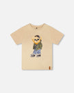 Organic Cotton Jersey T-Shirt With Print Beige