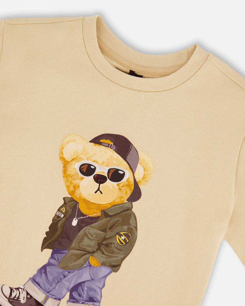 Organic Cotton Jersey T-Shirt With Print Beige