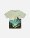Organic Cotton Jersey T-Shirt With Mountain Print Sage