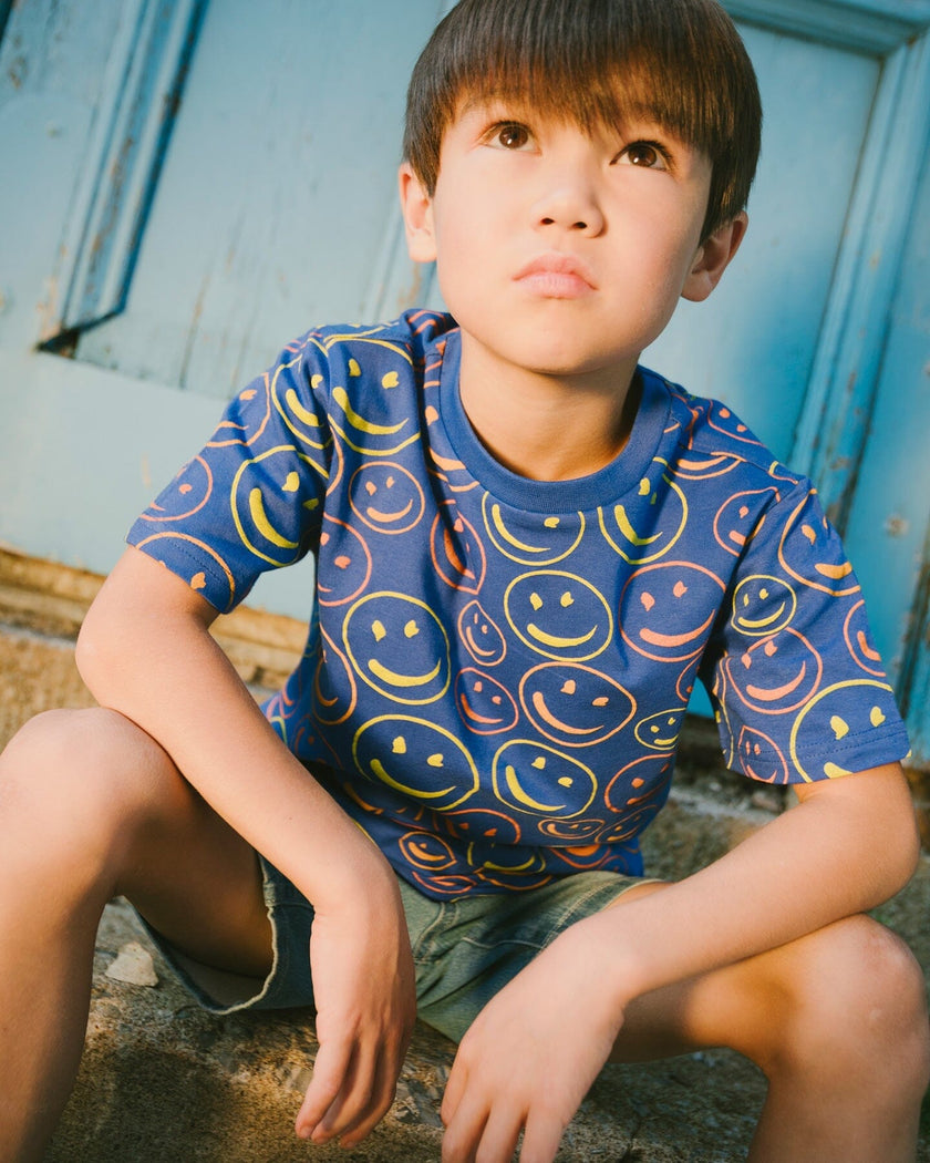 Organic Cotton Jersey T-Shirt Blue Smiley Print