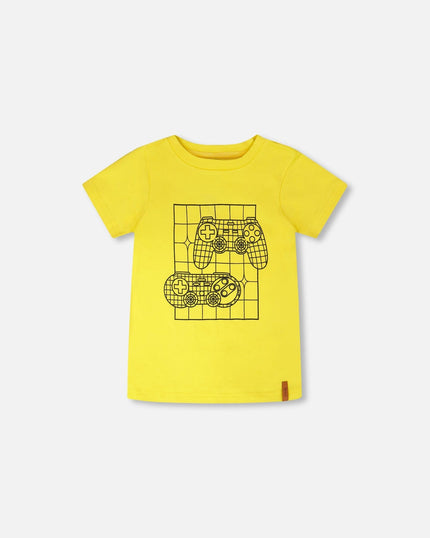 Organic Cotton Jersey T-Shirt With Gamer Print Yellow