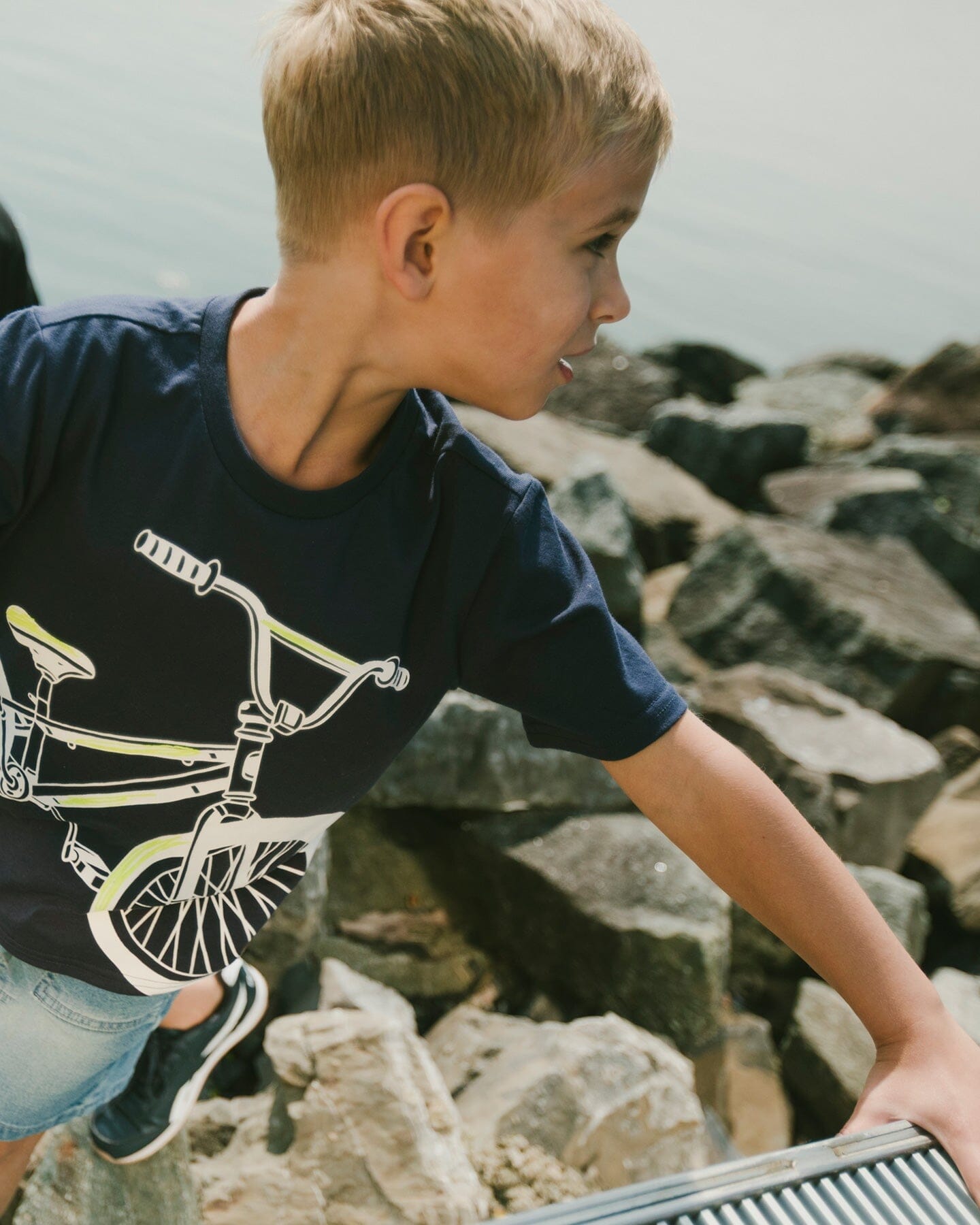 Organic Cotton Jersey T-Shirt With Bike Print Dark Blue
