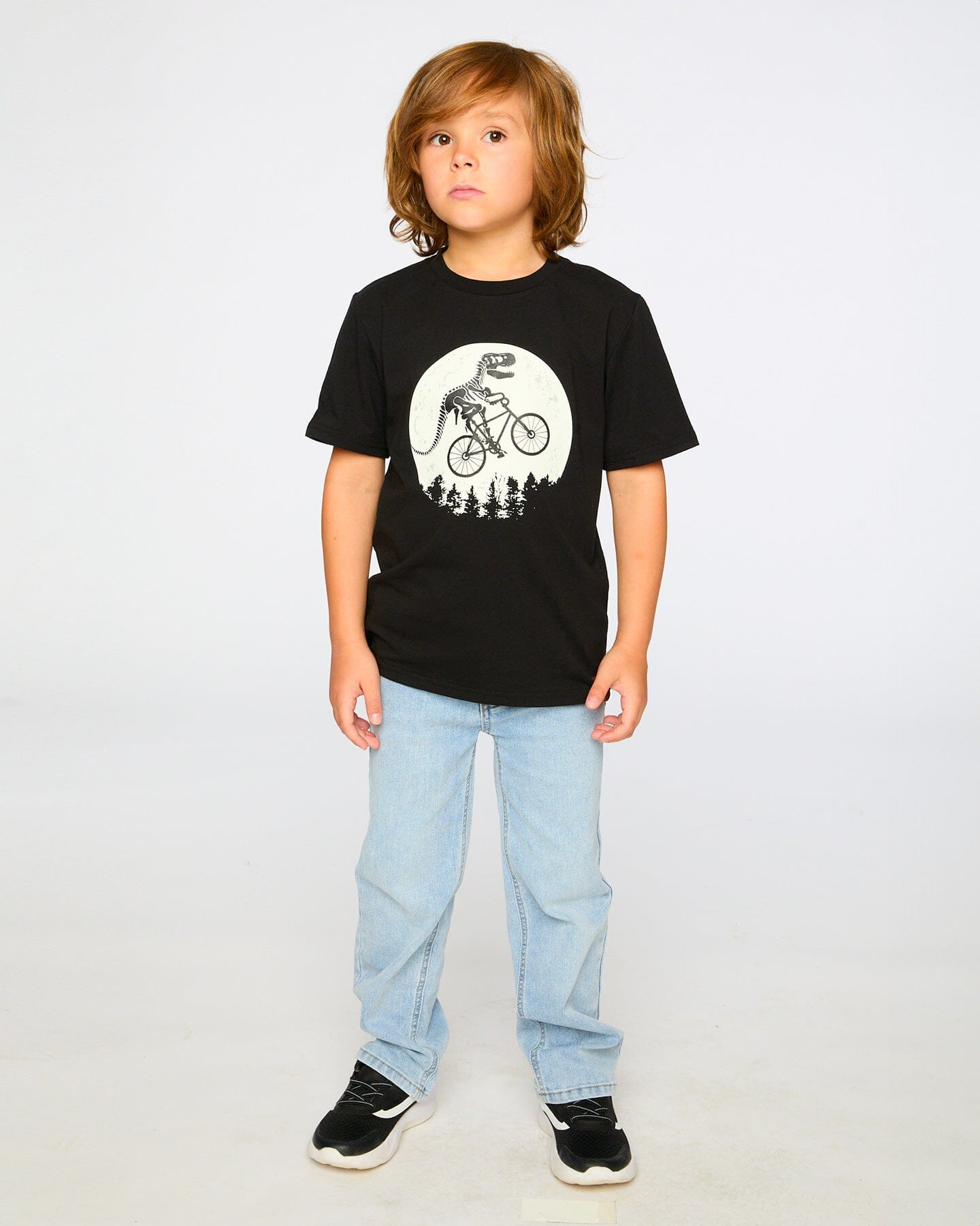 Glow In The Dark Organic Cotton Jersey T-Shirt With Dino On Bike Print Black