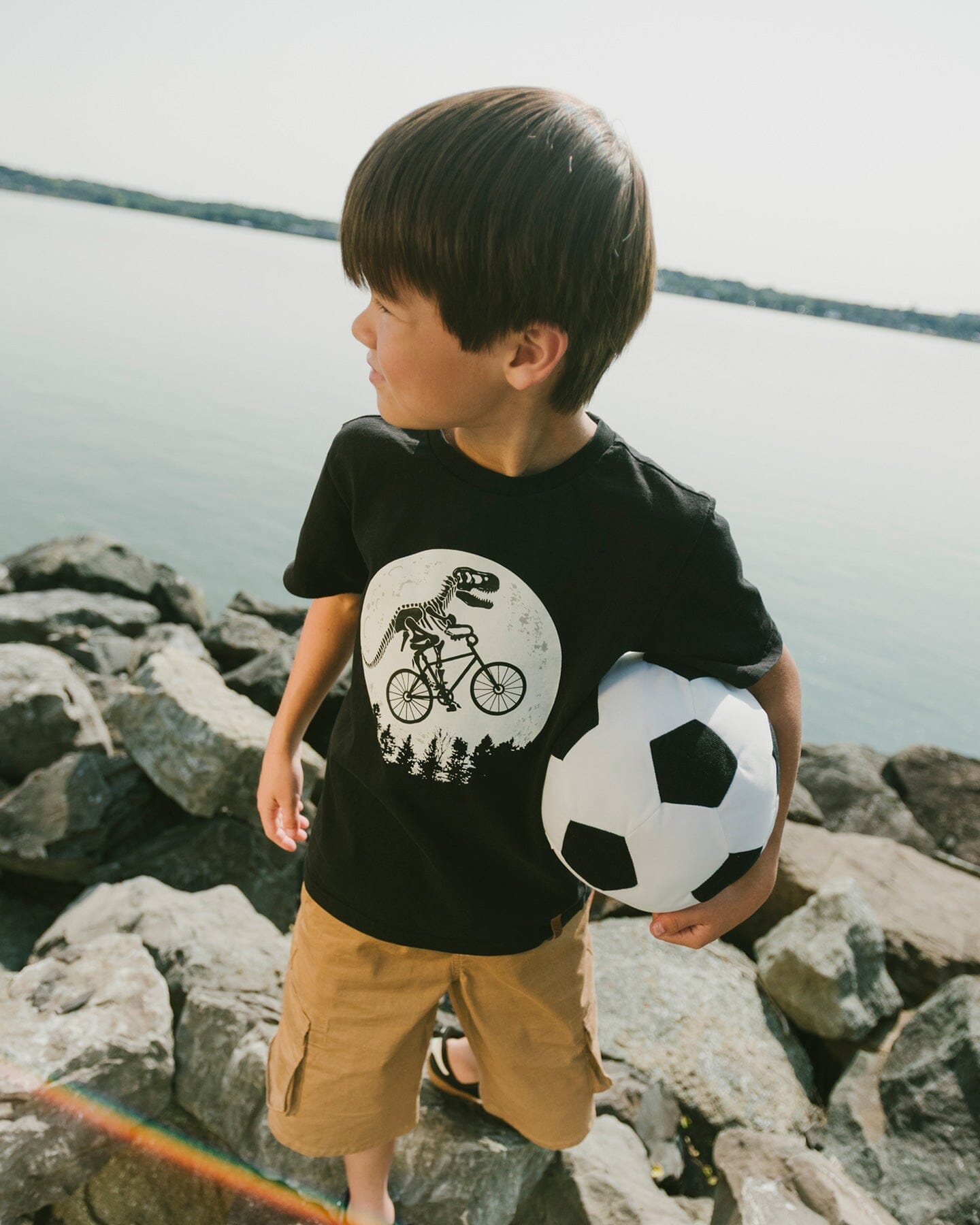 Glow In The Dark Organic Cotton Jersey T-Shirt With Dino On Bike Print Black