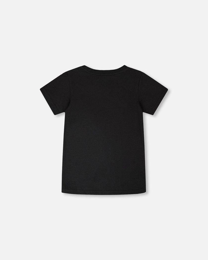 Glow In The Dark Organic Cotton Jersey T-Shirt With Dino On Bike Print Black