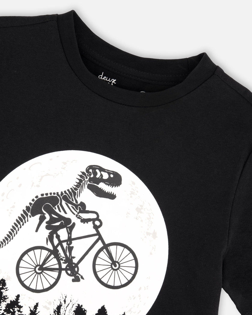 Glow In The Dark Organic Cotton Jersey T-Shirt With Dino On Bike Print Black