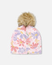 Stretch Jersey Hat Pink Flower Print With Pompom