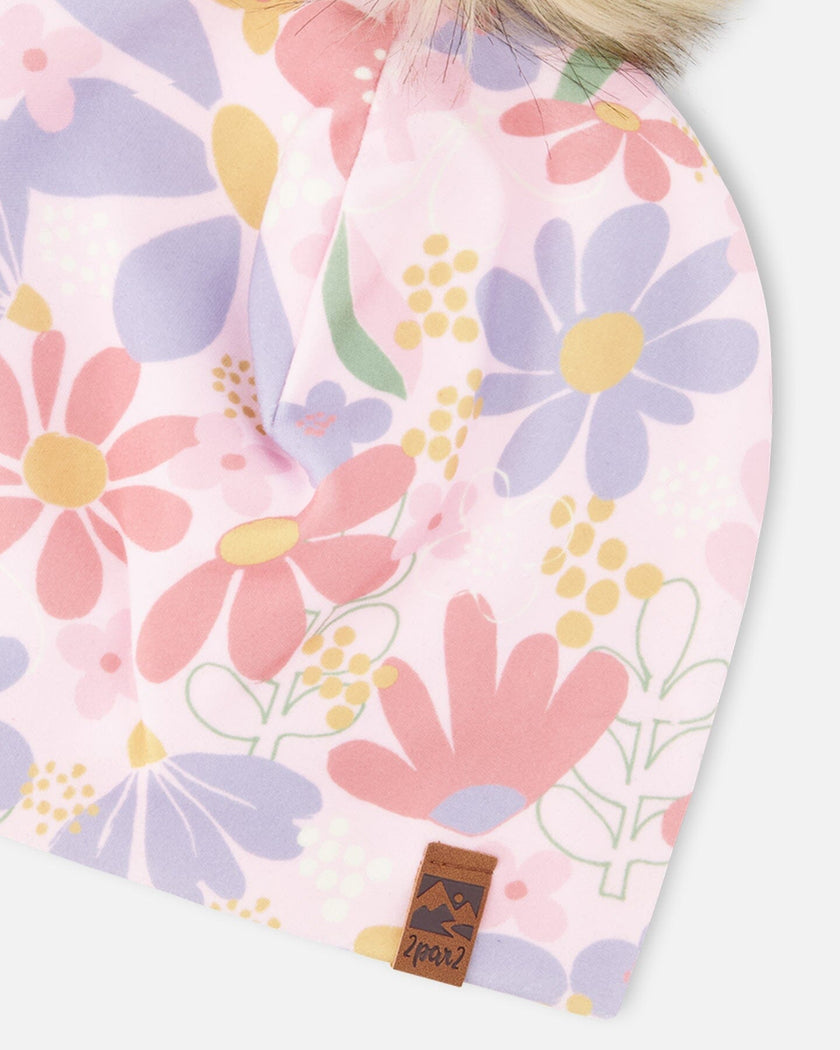 Stretch Jersey Hat Pink Flower Print With Pompom