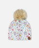 Stretch Jersey Hat Blue Mini Flower Print With Pompom