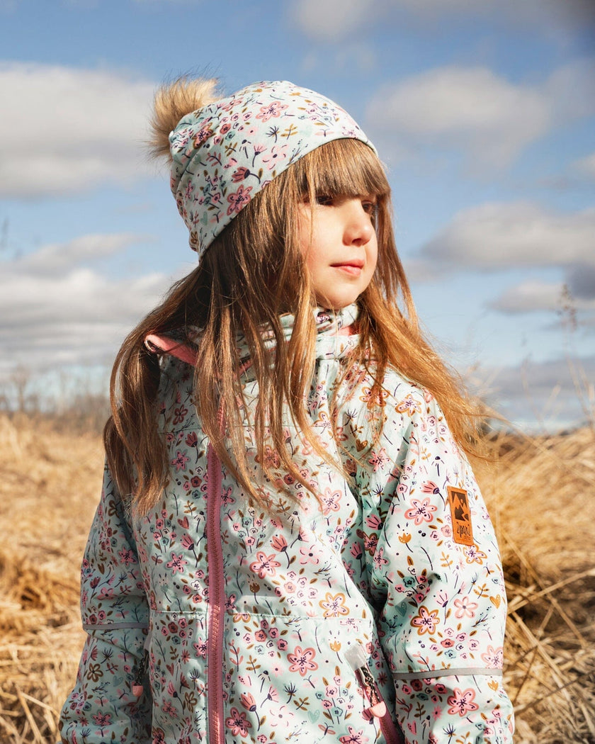Stretch Jersey Hat Blue Mini Flower Print With Pompom