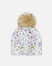 Stretch Jersey Hat Blue Mini Flower Print With Pompom