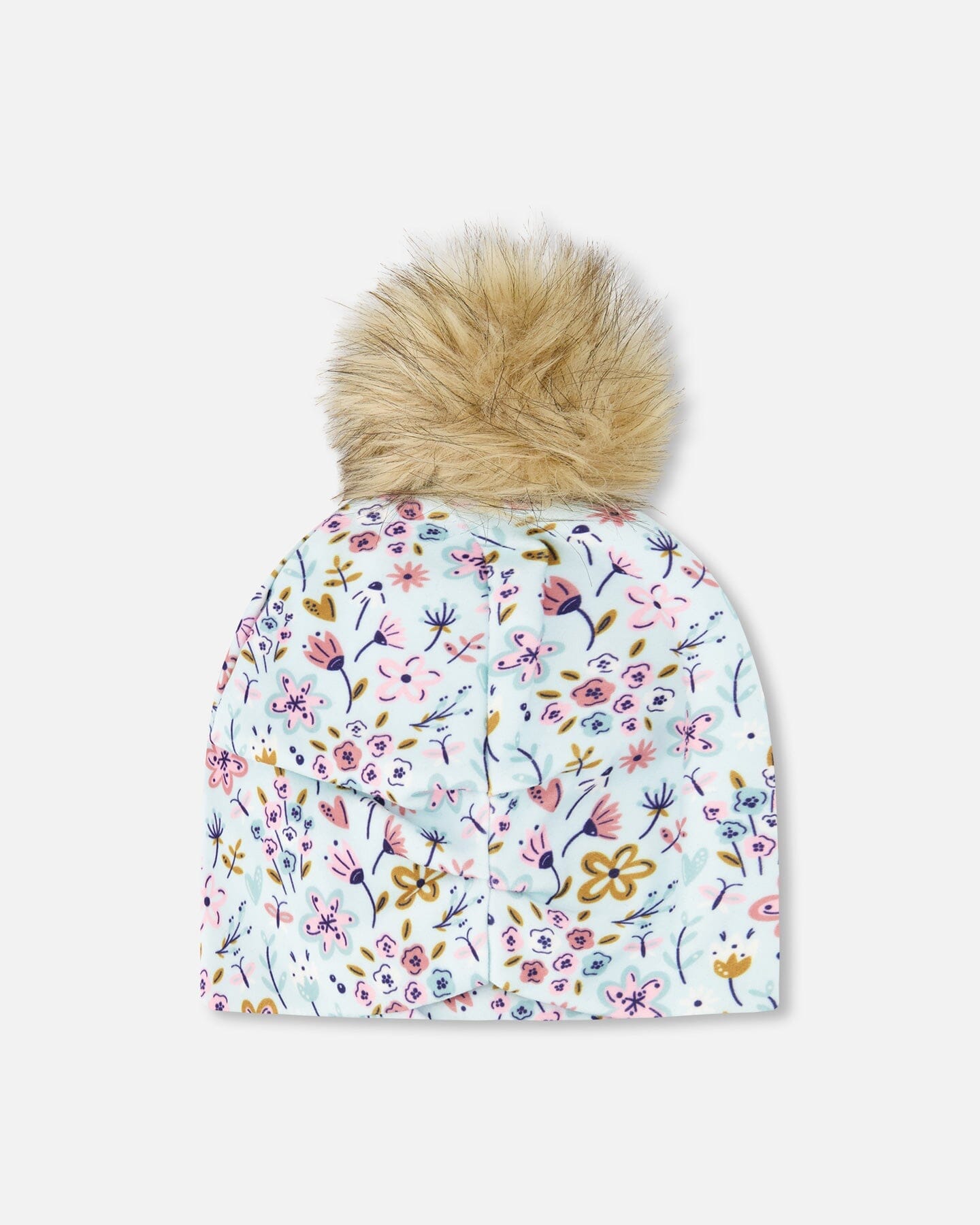Stretch Jersey Hat Blue Mini Flower Print With Pompom