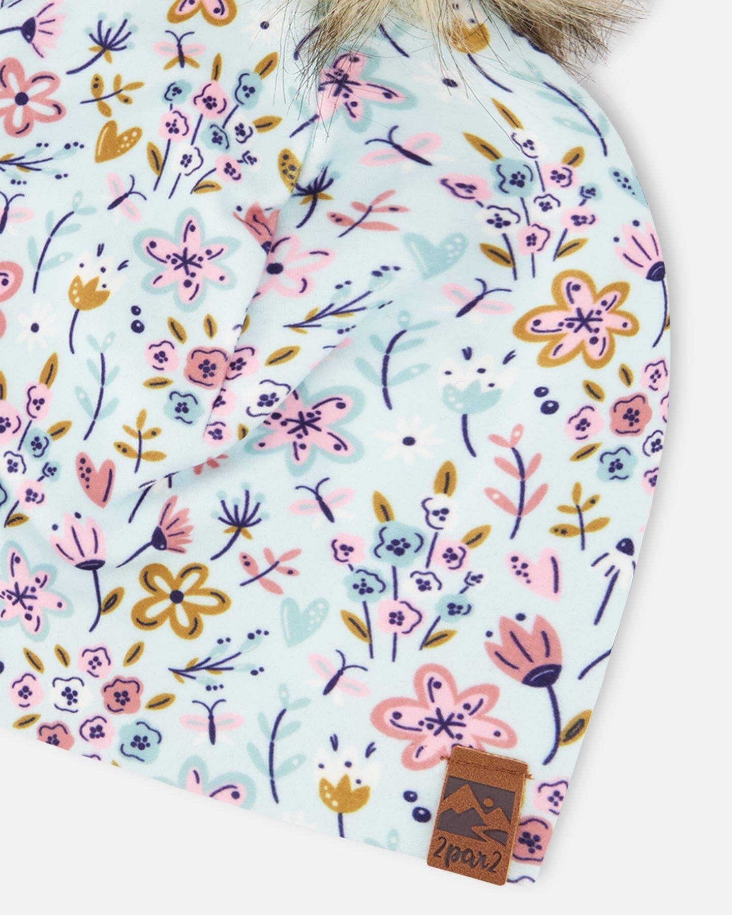 Stretch Jersey Hat Blue Mini Flower Print With Pompom
