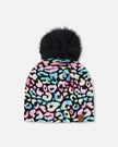 Stretch Jersey Hat Black Animal Print With Pompom