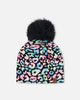 Stretch Jersey Hat Black Animal Print With Pompom