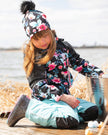 Stretch Jersey Hat Black Printed Flowers With Pompom