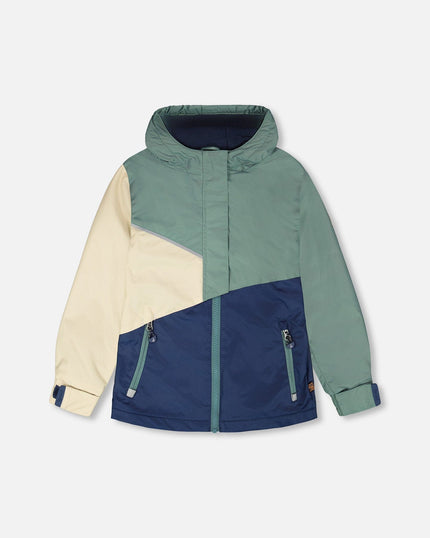 Mid-Season Jacket In Recycled Polyester Dark Green, Beige And Navy